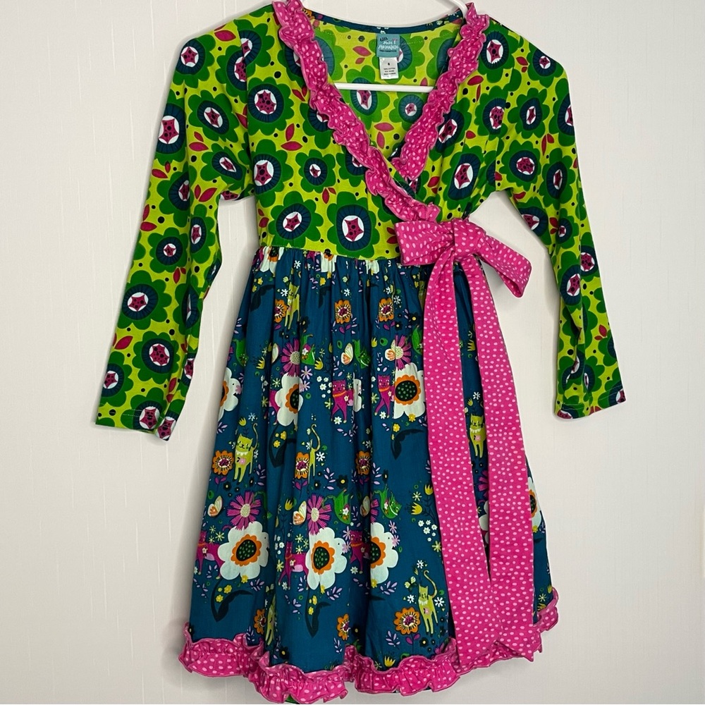 Little Miss Marmalade Girls Wrap Dress Colorful Mixed Prints Cat Ruffles LS 8